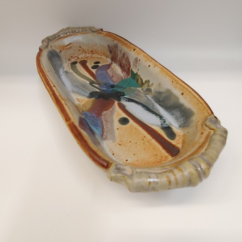 #220407 Baking Dish Tan, Teal, Blue/Red 14x5.5x2 $22 at Hunter Wolff Gallery
